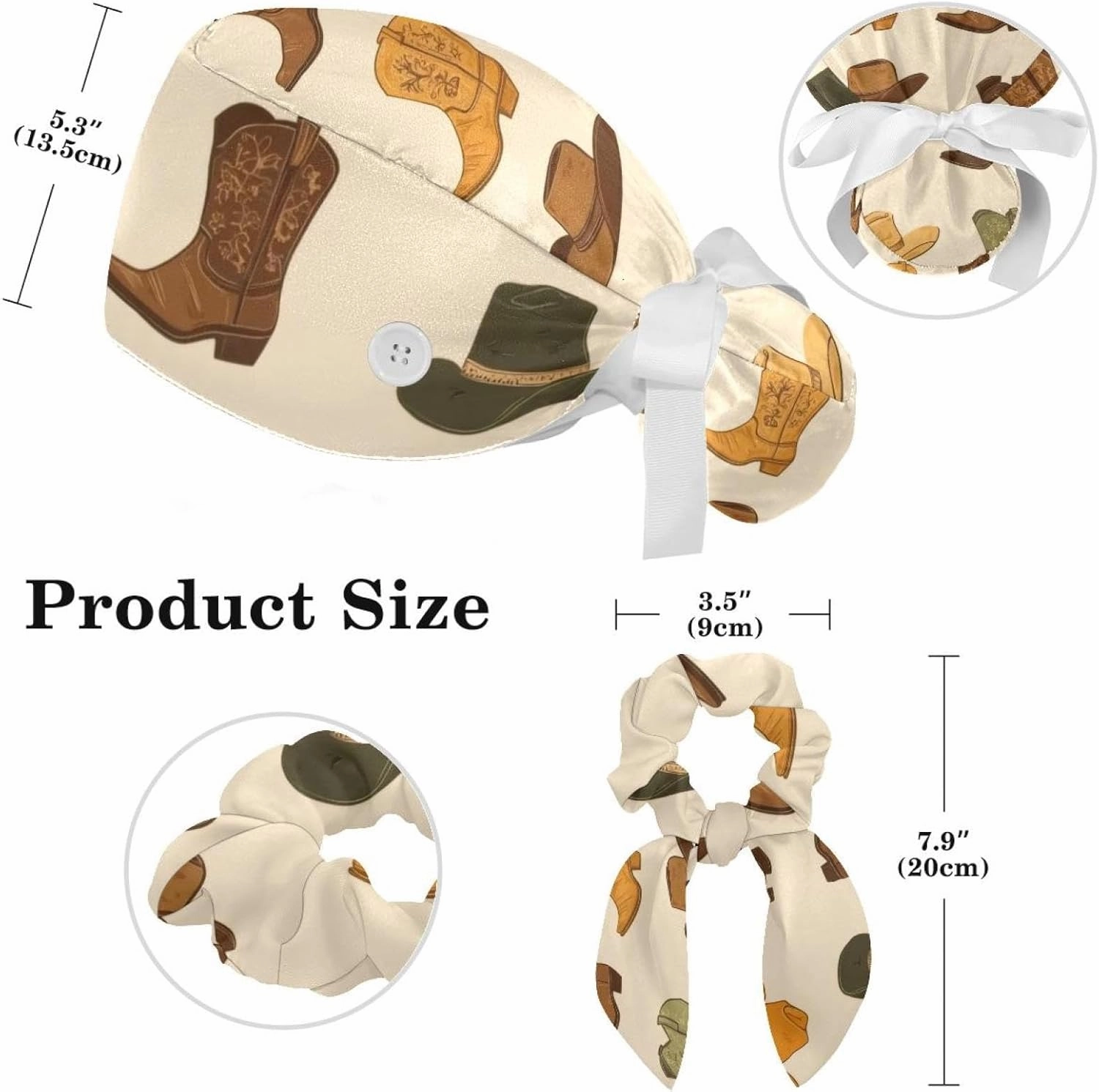 Wild Cowboys Horses Surgical Cap Women, Adjustable Working Cap Ponytail Pouch, Nursing Hat with Buttons & Sweatbands