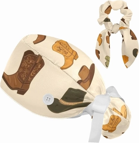 Wild Cowboys Horses Surgical Cap Women, Adjustable Working Cap Ponytail Pouch, Nursing Hat with Buttons & Sweatbands