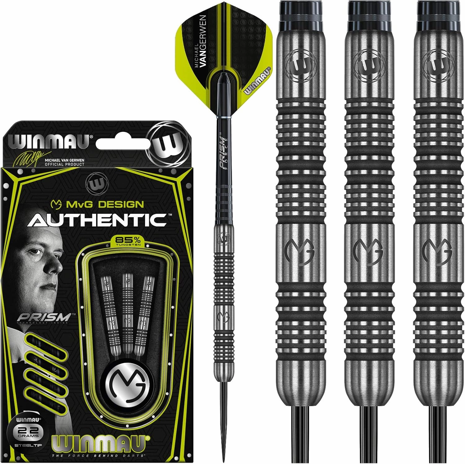 Winmau Michael Van Gerwen MvG Authentic Tungsten Steeltip Darts Set 22g with Prism Flights and Shafts (Stems)
