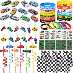 Winrayk 12 Sets Race Car Party Favors Birthday Supplies, Drinking Straw Gift Paper Bag Mini Car Bracelet Glow Tattoo Sticker Keychain, Goodie Stuffer Filler Boys Kids Racing Games Race Car Party Decor