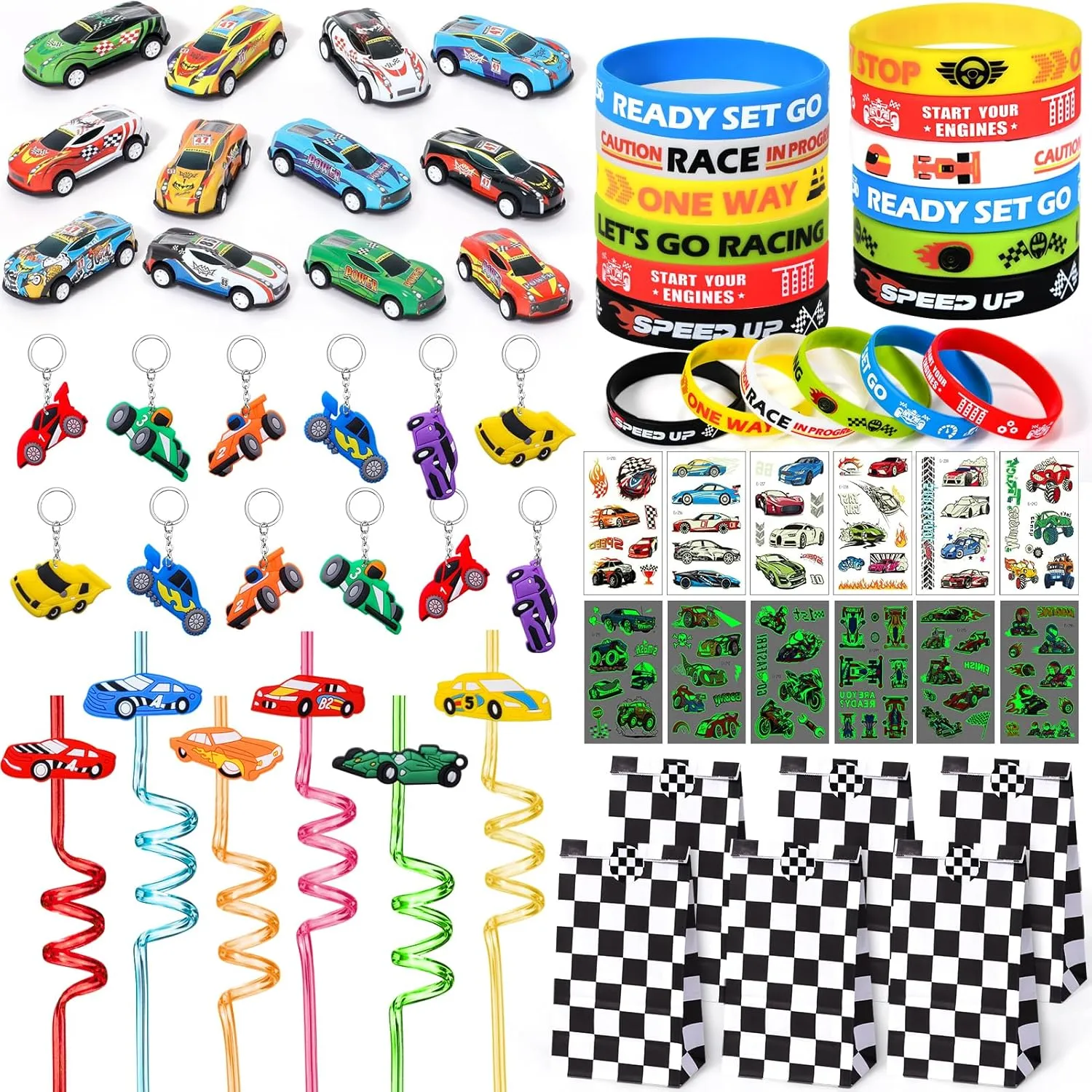 Winrayk 12 Sets Race Car Party Favors Birthday Supplies, Drinking Straw Gift Paper Bag Mini Car Bracelet Glow Tattoo Sticker Keychain, Goodie Stuffer Filler Boys Kids Racing Games Race Car Party Decor