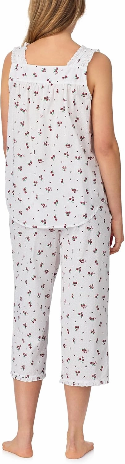 Women's 100% Cotton Woven Lawn & Seersucker 2-Piece Set, Sleeveless Tank with Pintuck Neckline & Capri Pants