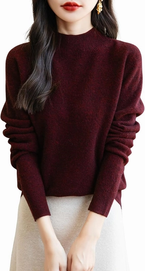 Women's 100% Merino Wool Seamless Sweater Mock Neck First-Line Ready to Wear Long Sleeve Knitted Pullover Tops