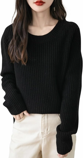 Women's 100% Merino Wool Sweater 2025 Fall Winter Casual Crewneck Long Sleeve Ribbed Knitted Pullover Sweater