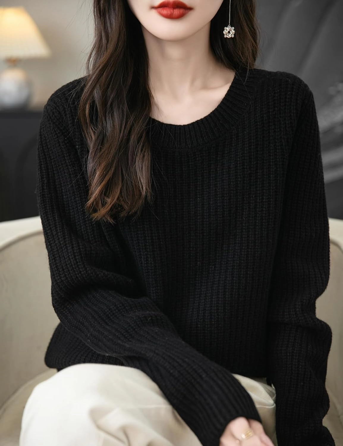 Women's 100% Merino Wool Sweater 2025 Fall Winter Casual Crewneck Long Sleeve Ribbed Knitted Pullover Sweater