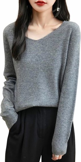 Women's 100% Merino Wool V Neck Sweater 2025 First-Line Ready to Wear Casual Long Sleeve Seamless Knit Sweater