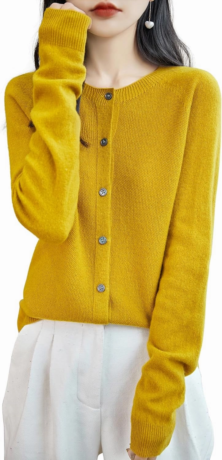 Women's Crewneck 100% Merino Wool Sweater 2025 Spring Fall Solid Long Sleeve Seamless Knitted Cardigan Sweater