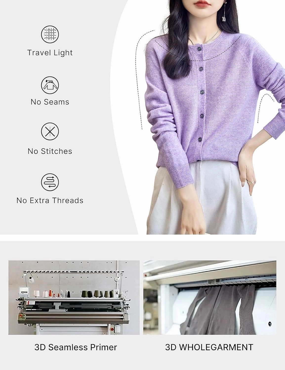 Women's Crewneck 100% Merino Wool Sweater 2025 Spring Fall Solid Long Sleeve Seamless Knitted Cardigan Sweater