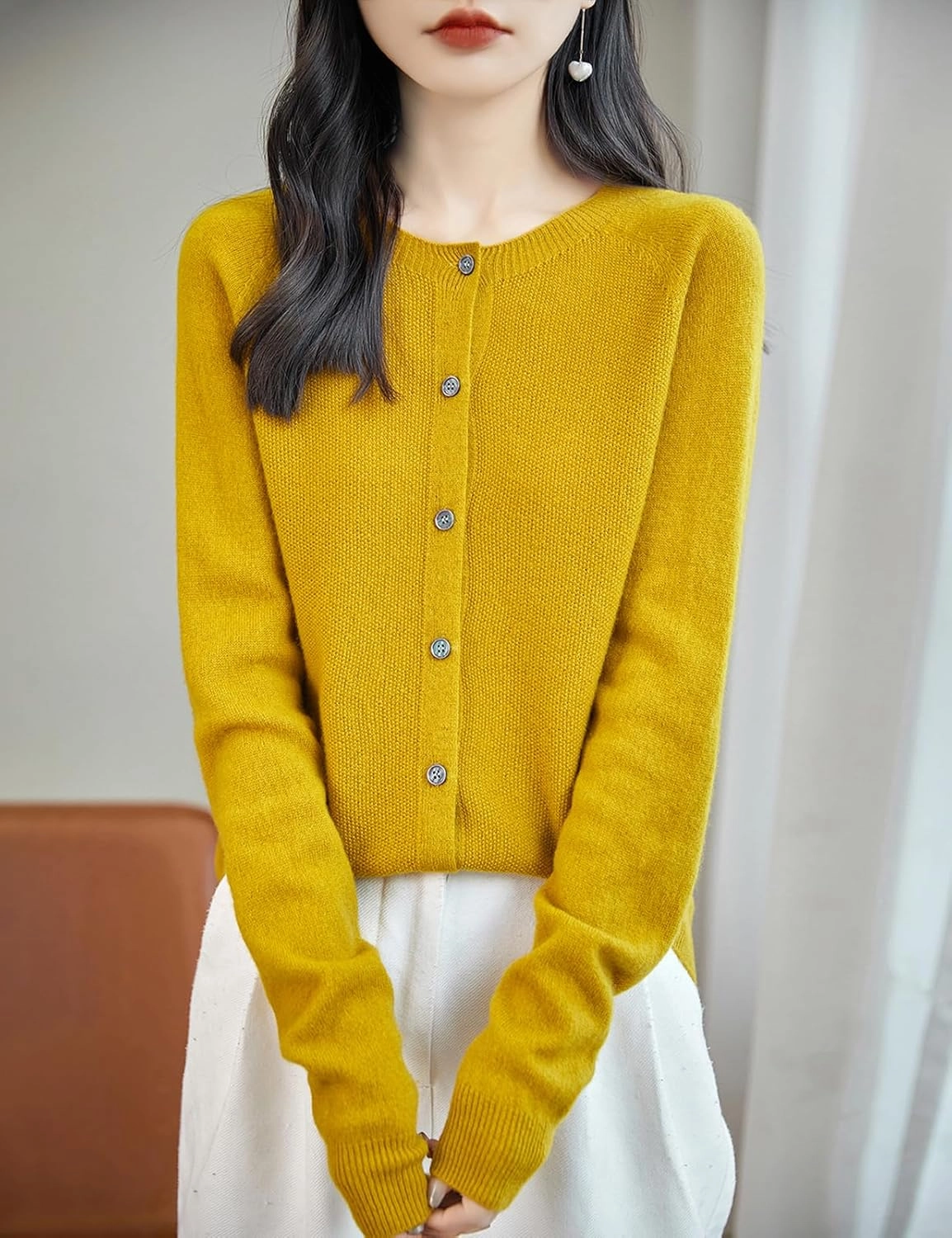 Women's Crewneck 100% Merino Wool Sweater 2025 Spring Fall Solid Long Sleeve Seamless Knitted Cardigan Sweater