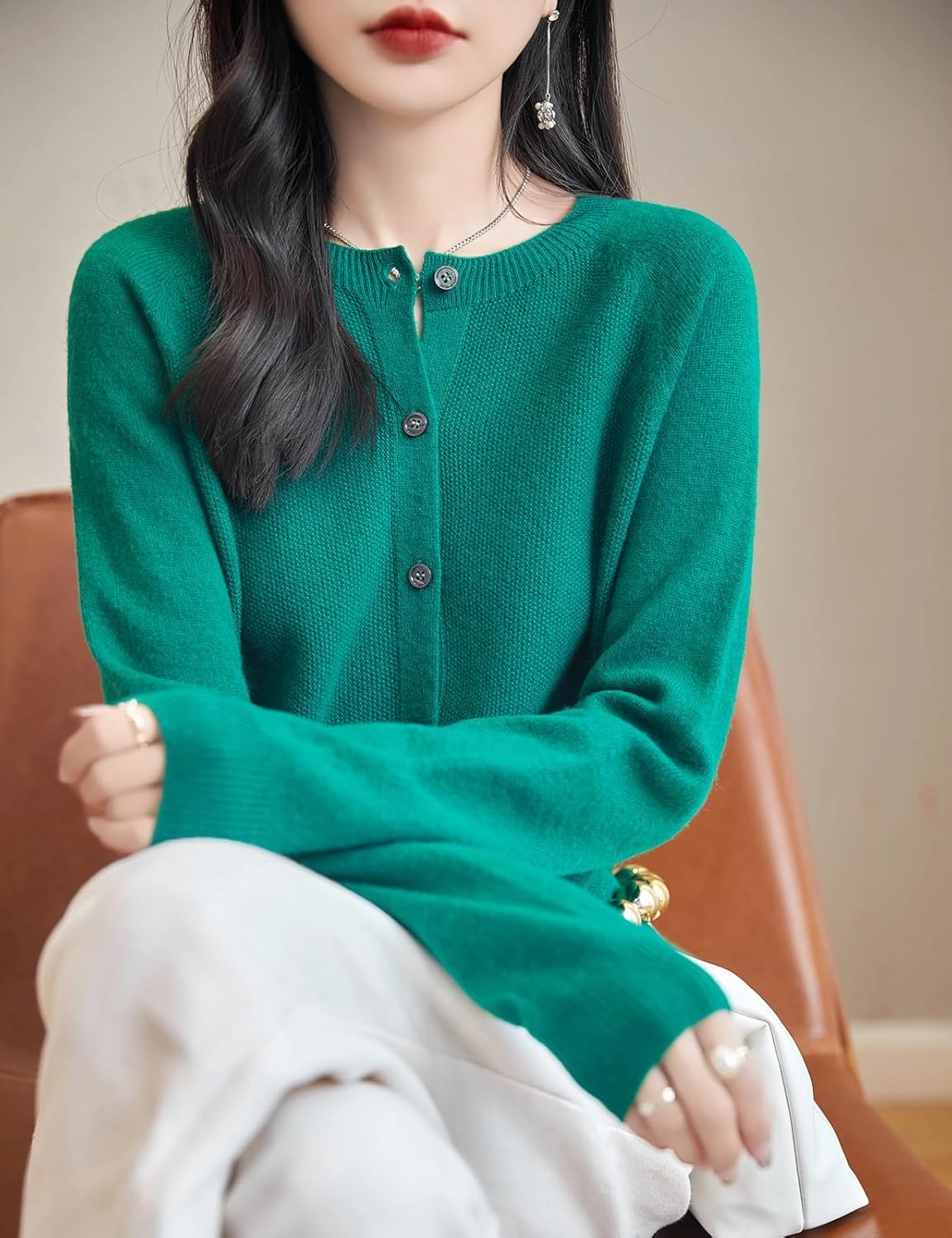 Women's Crewneck 100% Merino Wool Sweater 2025 Spring Fall Solid Long Sleeve Seamless Knitted Cardigan Sweater