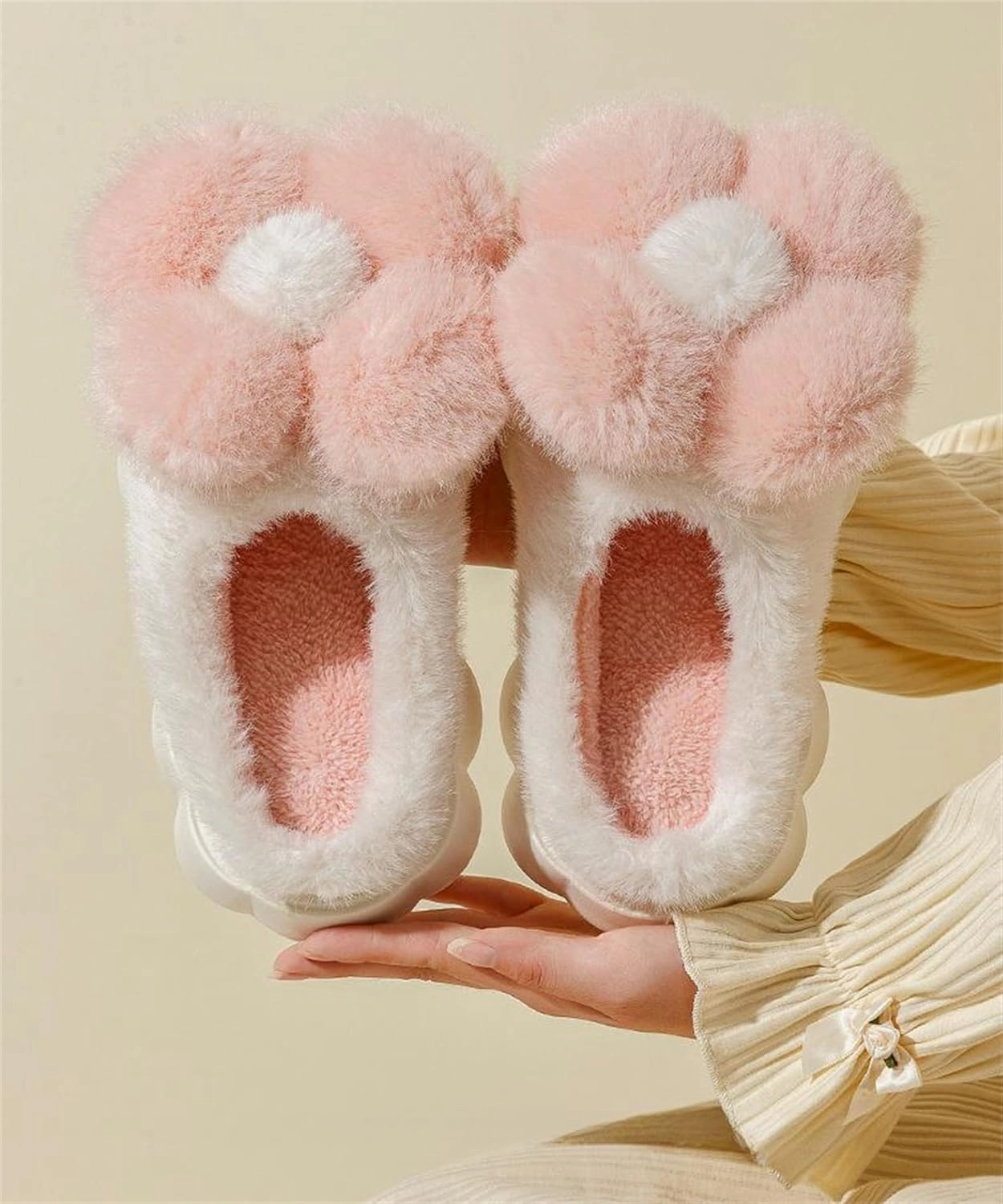 Women's Funny Plush Flower Slippers - Warm Anti Slip Winter Soft Cotton Slippers