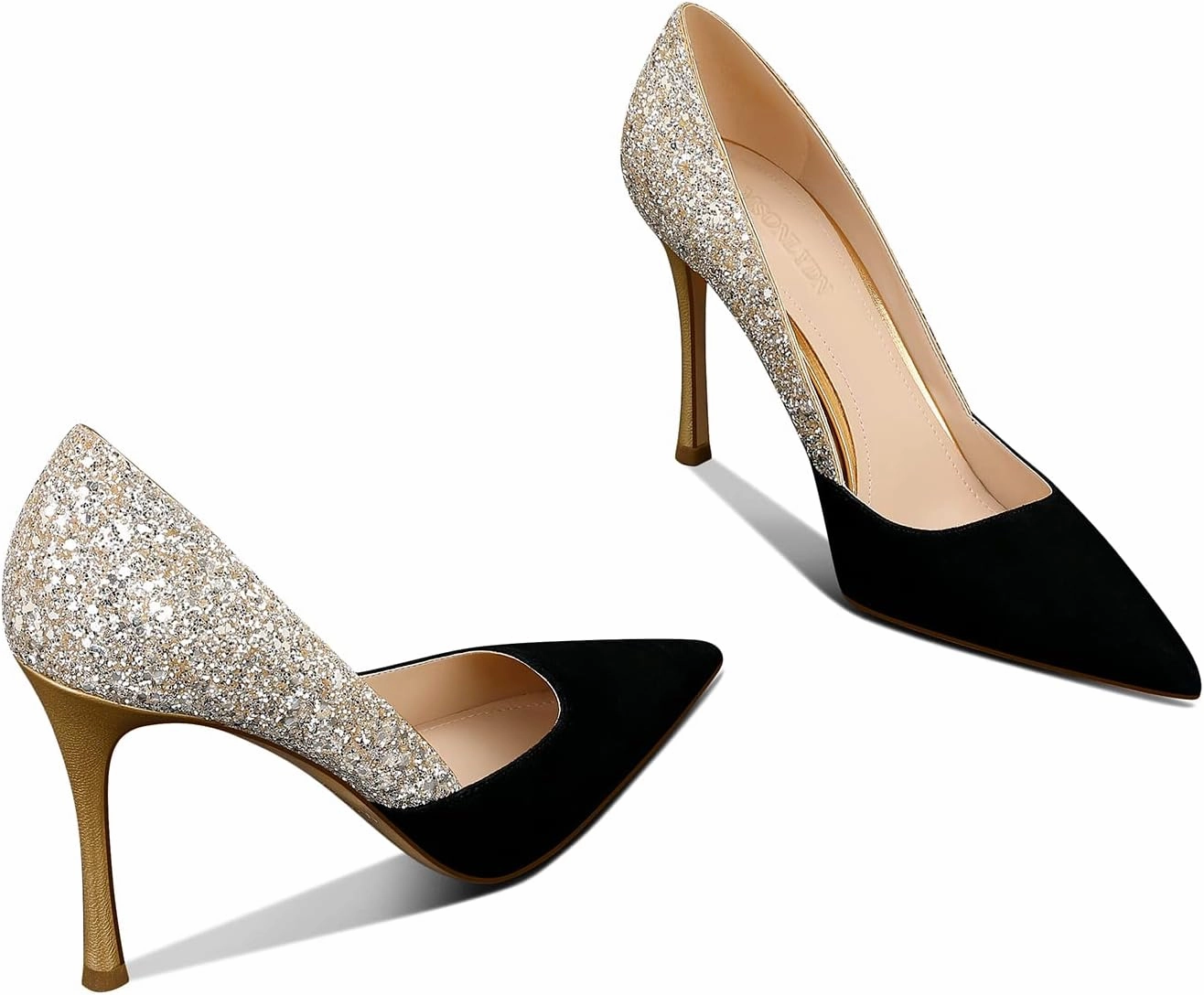 Women's Gold Classic Pointed Toe High Heels Stiletto Pumps with 3.35in Sparkly for Wedding,Party,Dress