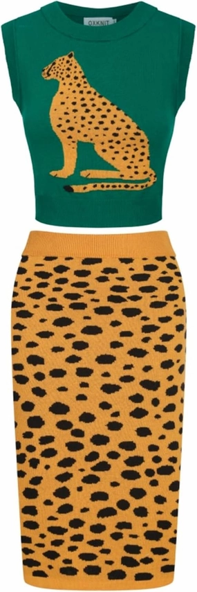 Women's Knitted Vest Skirt Sets, 1960s Mod Style Retro Leopard Green Tank Yellow Straight Skirt 2 Piece Sets Summer