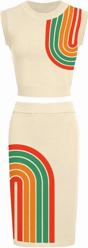 Women's Knitted Vest Skirt Sets, 1960s Mod Style Retro Rainbow Stripes Tank Straight Skirt 2 Piece Sets, Beige