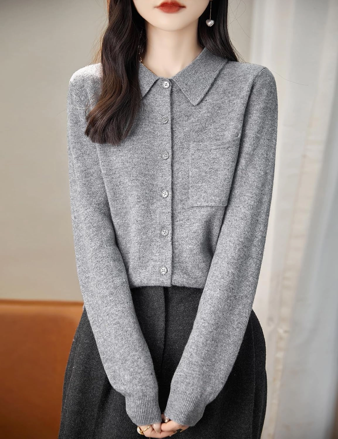 Women's Polo Neck 100% Merino Wool Sweater 2025 Spring Basic Long Sleeve Knitted Cardigan Sweater with Pocket