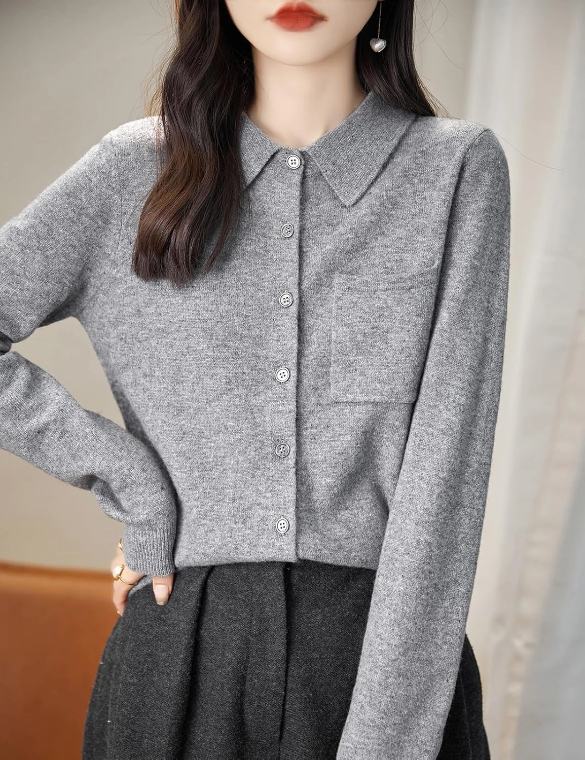 Women's Polo Neck 100% Merino Wool Sweater 2025 Spring Basic Long Sleeve Knitted Cardigan Sweater with Pocket