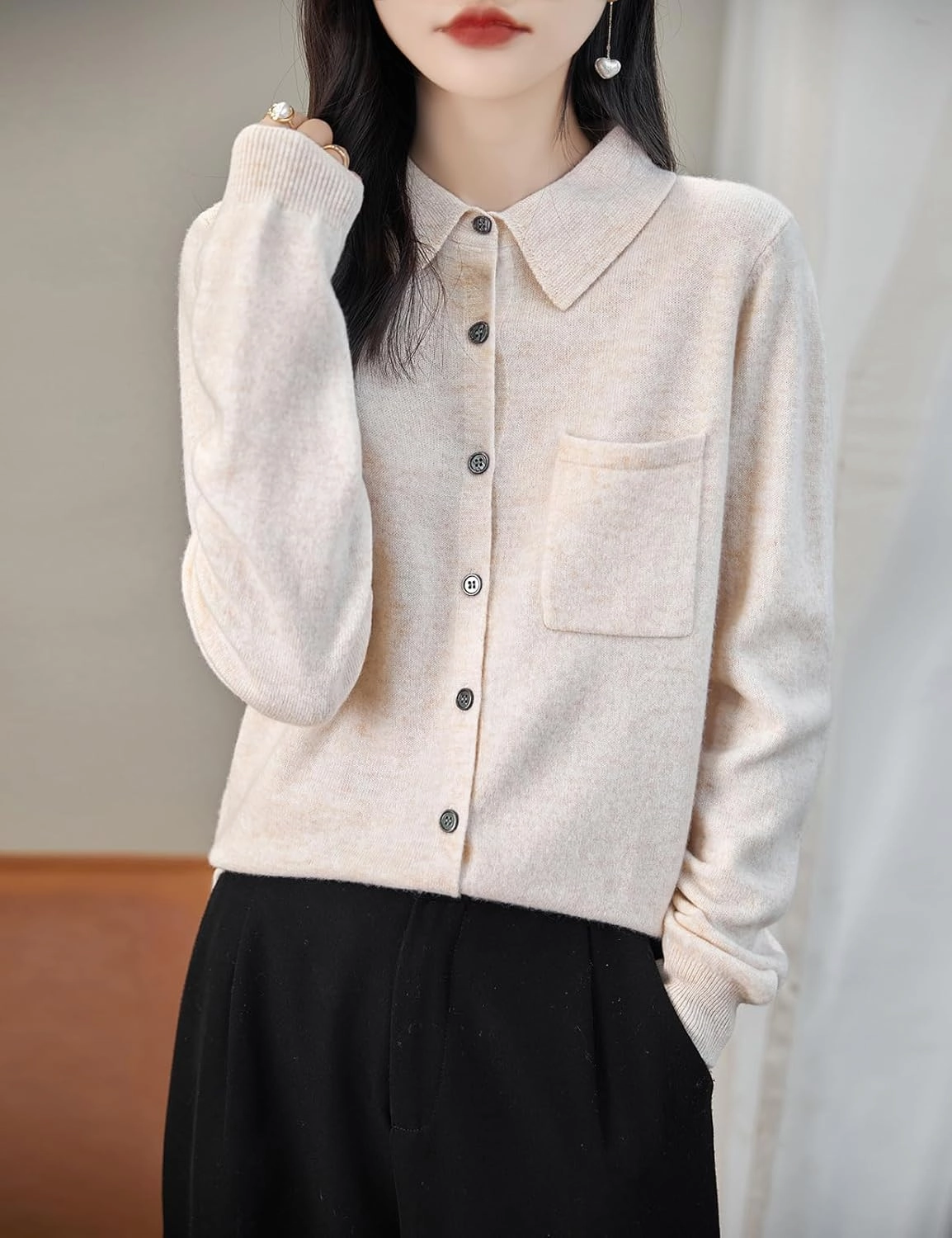 Women's Polo Neck 100% Merino Wool Sweater 2025 Spring Basic Long Sleeve Knitted Cardigan Sweater with Pocket