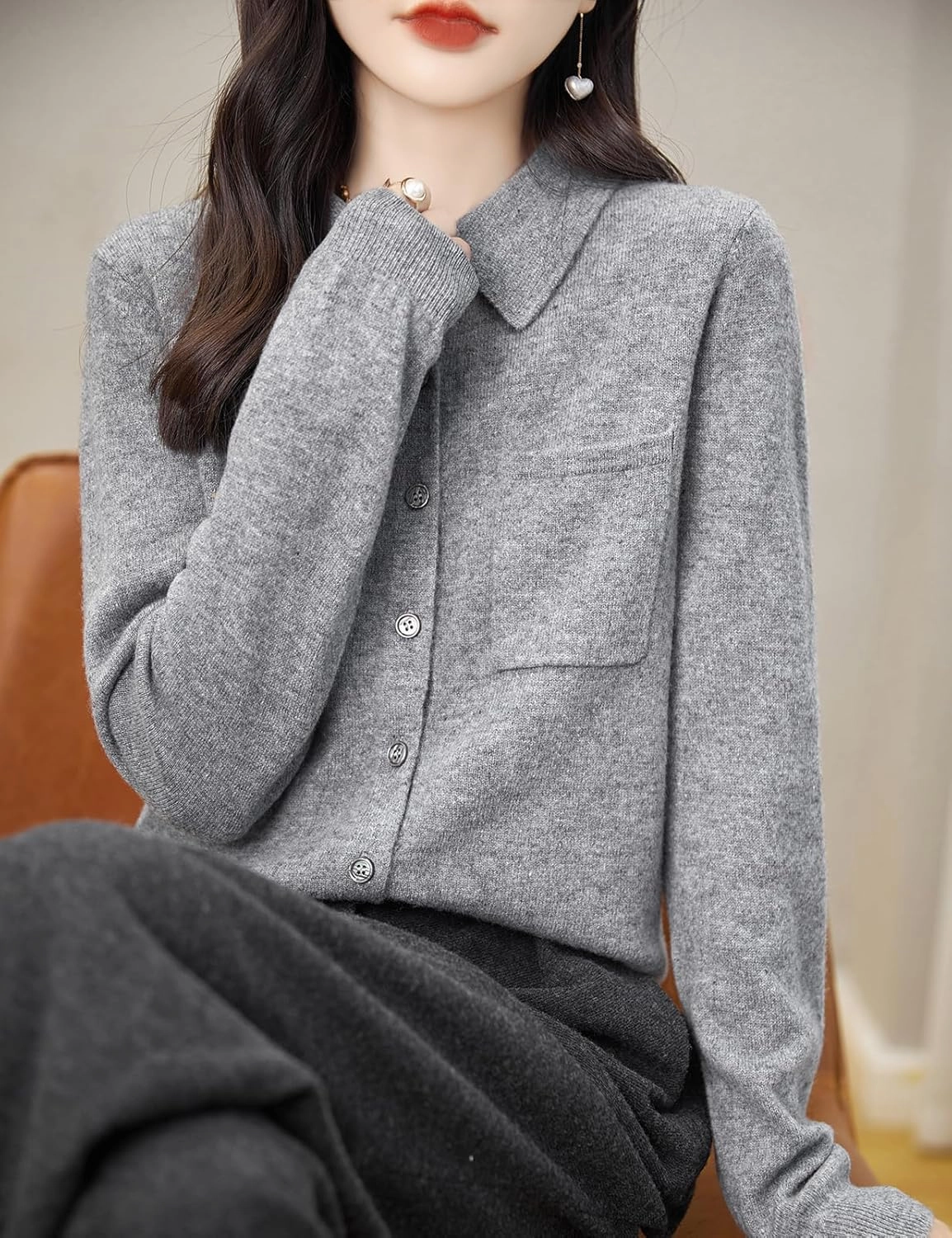 Women's Polo Neck 100% Merino Wool Sweater 2025 Spring Basic Long Sleeve Knitted Cardigan Sweater with Pocket