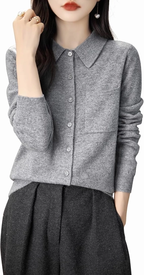 Women's Polo Neck 100% Merino Wool Sweater 2025 Spring Basic Long Sleeve Knitted Cardigan Sweater with Pocket