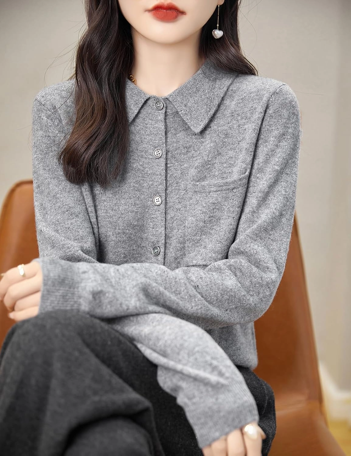 Women's Polo Neck 100% Merino Wool Sweater 2025 Spring Basic Long Sleeve Knitted Cardigan Sweater with Pocket