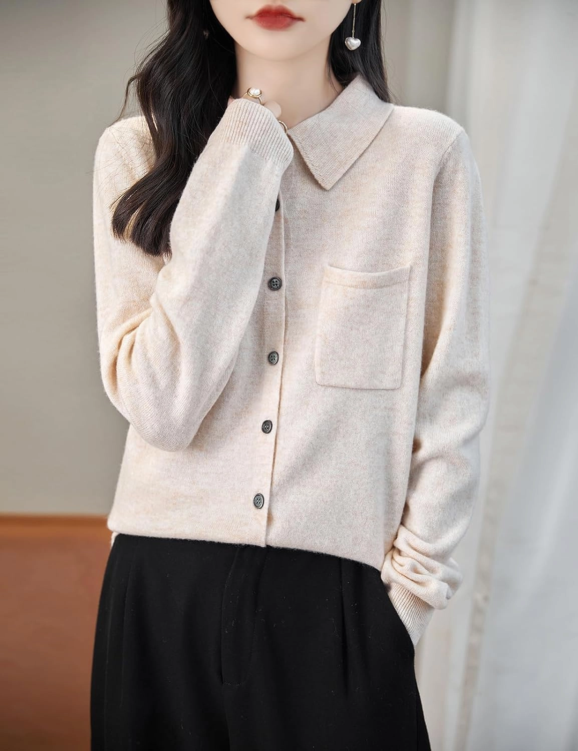 Women's Polo Neck 100% Merino Wool Sweater 2025 Spring Basic Long Sleeve Knitted Cardigan Sweater with Pocket