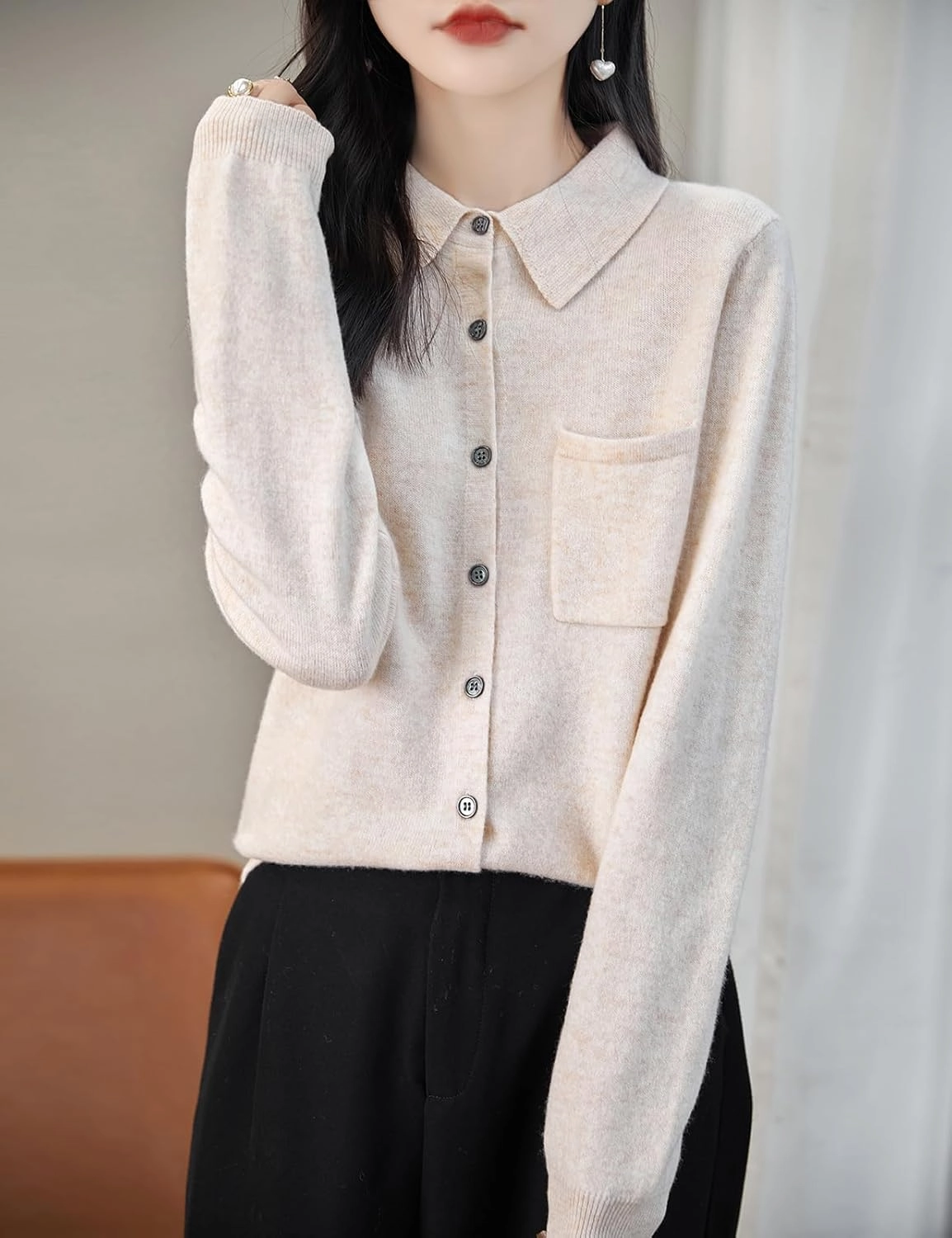 Women's Polo Neck 100% Merino Wool Sweater 2025 Spring Basic Long Sleeve Knitted Cardigan Sweater with Pocket