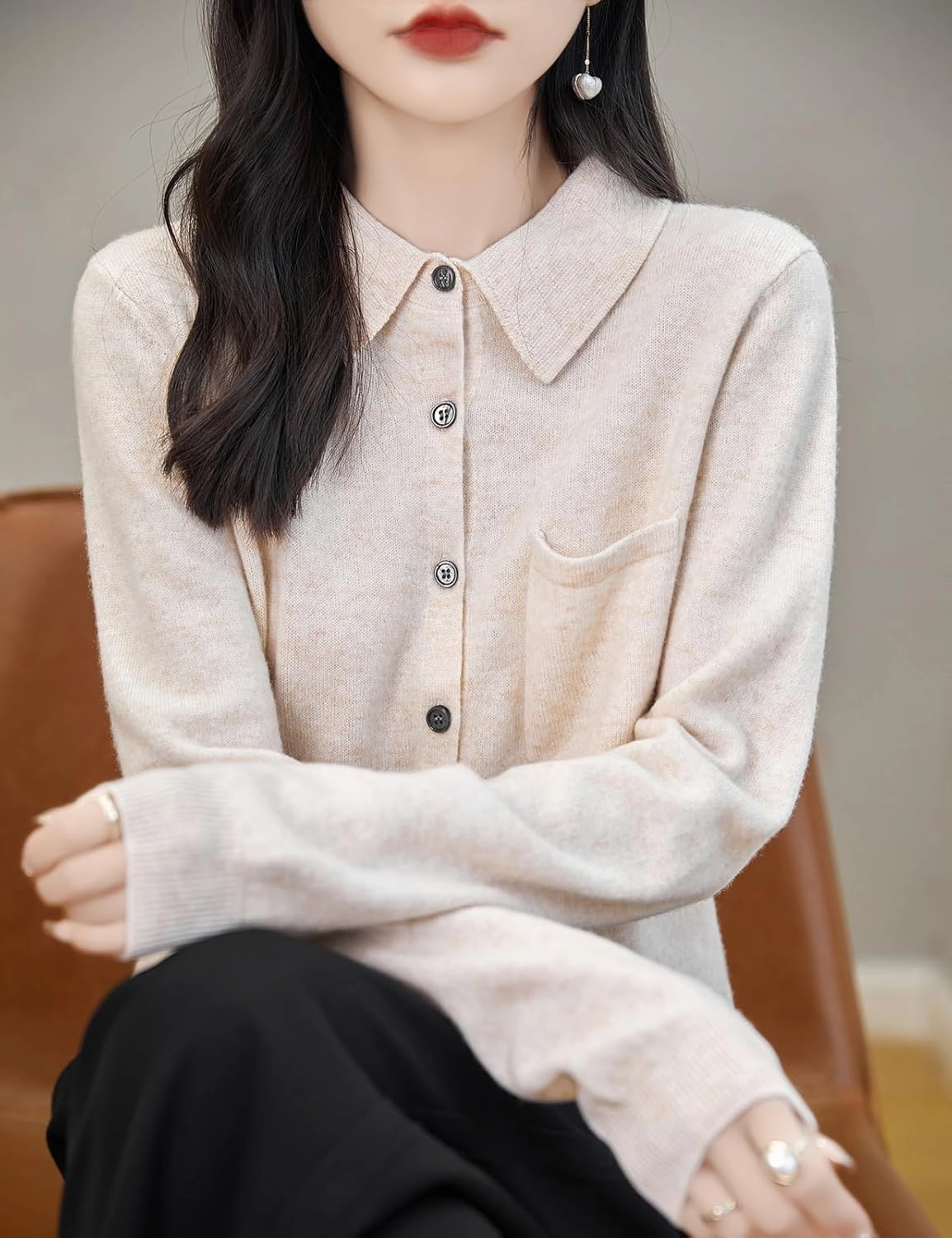 Women's Polo Neck 100% Merino Wool Sweater 2025 Spring Basic Long Sleeve Knitted Cardigan Sweater with Pocket