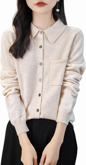 Women's Polo Neck 100% Merino Wool Sweater 2025 Spring Basic Long Sleeve Knitted Cardigan Sweater with Pocket