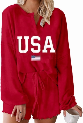 Women's Ruffle Long Sleeve Tops and Shorts Memorial American Flag Patriotic Pajama Sets