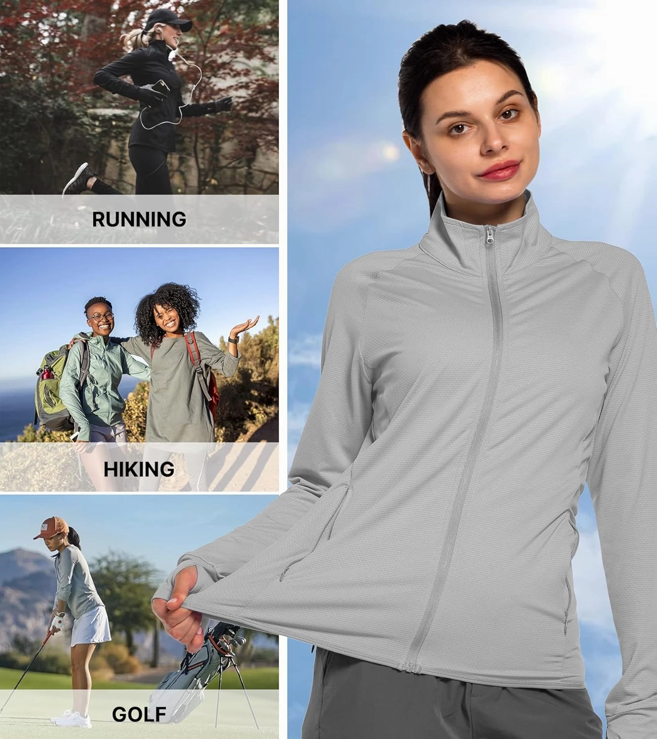 Women's UPF 50  Sun UV Protection Shirt Long Sleeve Lightweight SPF/UV Running Hiking Athletic Jacket with Zip Pockets