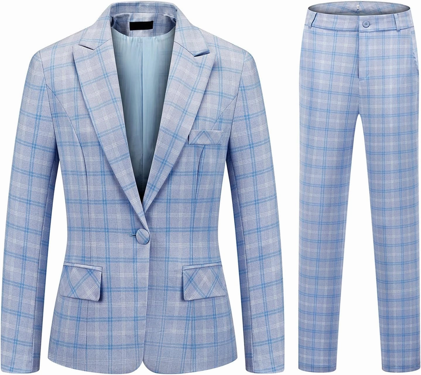Womens 2 Piece Plaid Suits Set Business Office One Button Blazer Jacket Casual Long Sleeve Pant Suit Set