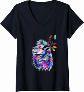 Womens Colorful Lion Head Art Lion Face Lover Cool Design V-Neck T-Shirt