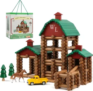 Wondertoys 330 Pcs Wooden Log Set Real Wood Logs Classic Building Log Ages 3  Best Retro Building Gift Set for Boys Creative Construction Engineering Educational Gifts