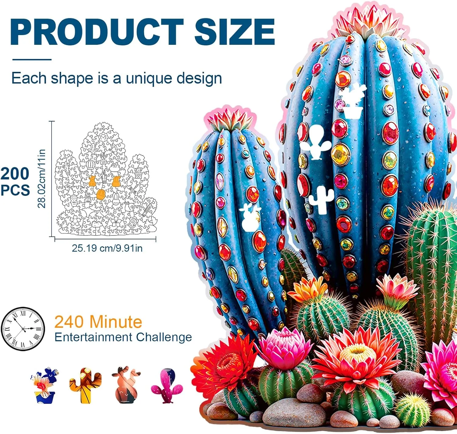 Wooden Jigsaw Puzzles for Adults and Kids, Cactus Gemstones 200 Piece Unique Shaped Puzzle, Family Game and Creative Wooden Puzzle Gift, Wall Art Decor, 10 x 11 Inch