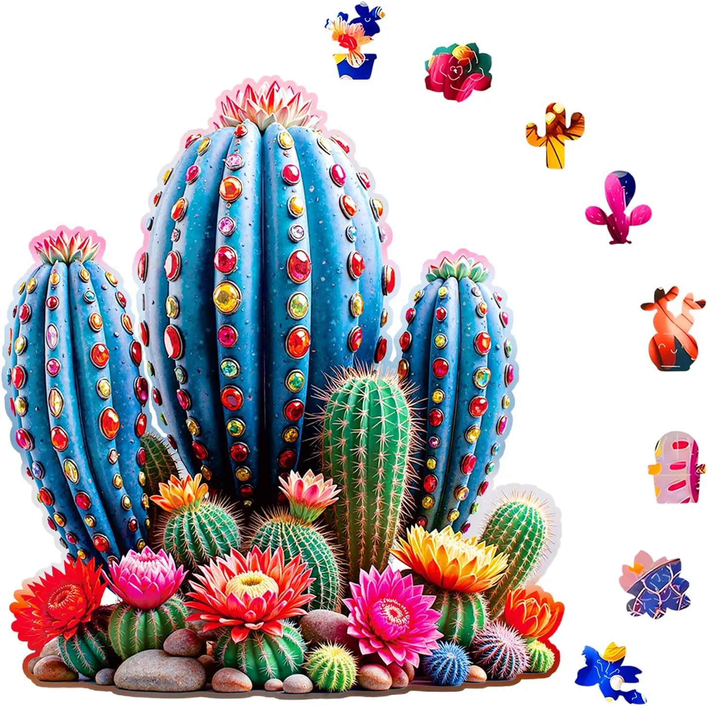 Wooden Jigsaw Puzzles for Adults and Kids, Cactus Gemstones 200 Piece Unique Shaped Puzzle, Family Game and Creative Wooden Puzzle Gift, Wall Art Decor, 10 x 11 Inch