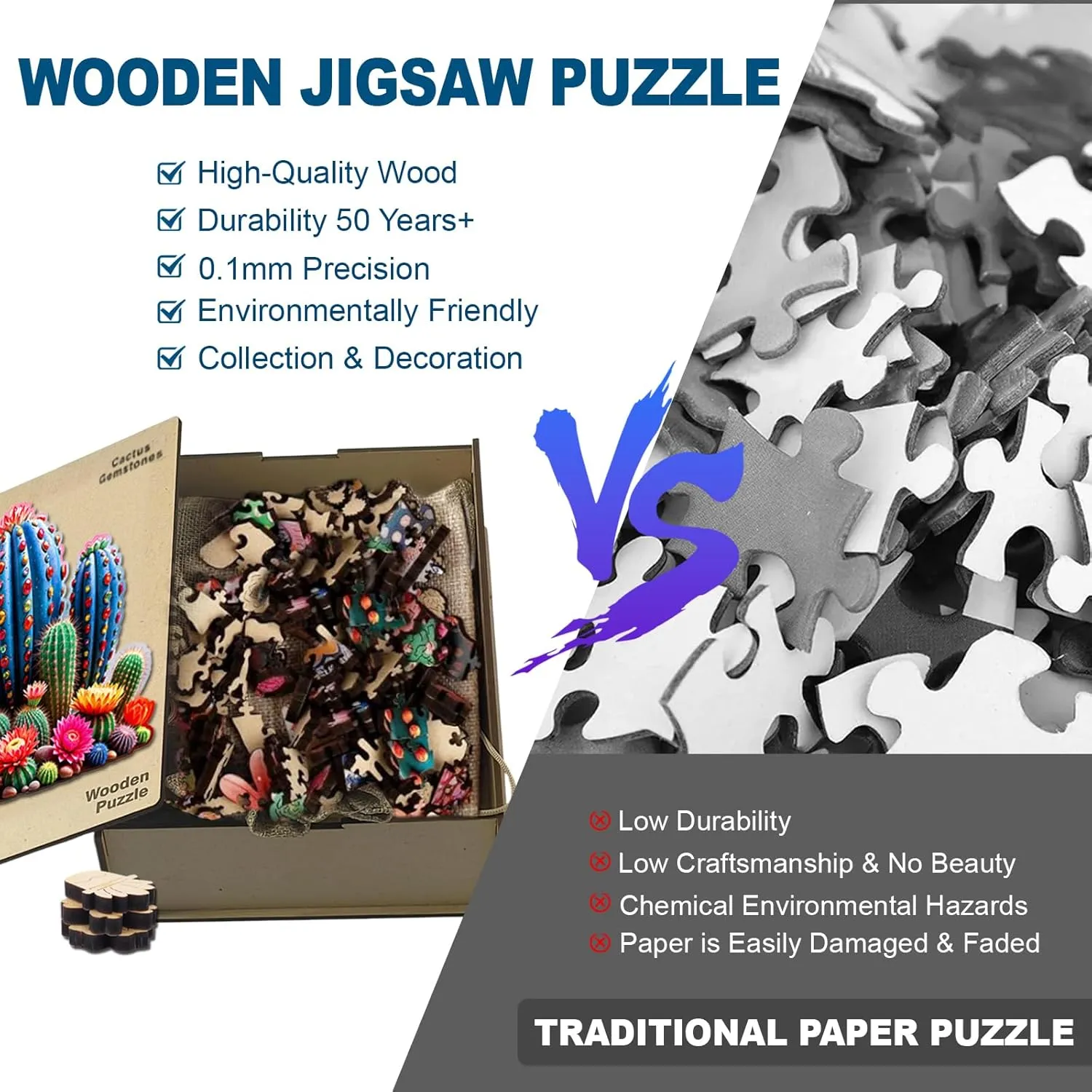 Wooden Jigsaw Puzzles for Adults and Kids, Cactus Gemstones 200 Piece Unique Shaped Puzzle, Family Game and Creative Wooden Puzzle Gift, Wall Art Decor, 10 x 11 Inch