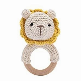 Wooden Baby Rattle Crochet Lion Baby Toys Handmade Newborn Toy Early Development Grips Stuffed Animal Organic Rattle