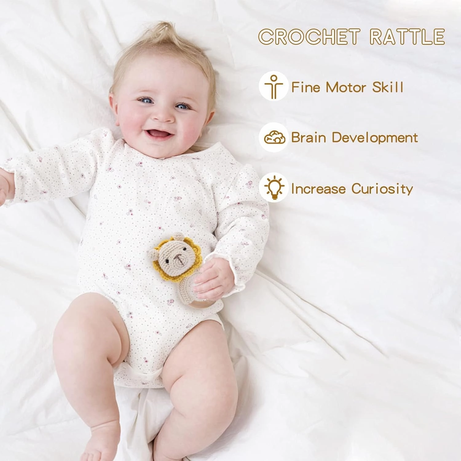 Wooden Baby Rattle Crochet Lion Baby Toys Handmade Newborn Toy Early Development Grips Stuffed Animal Organic Rattle