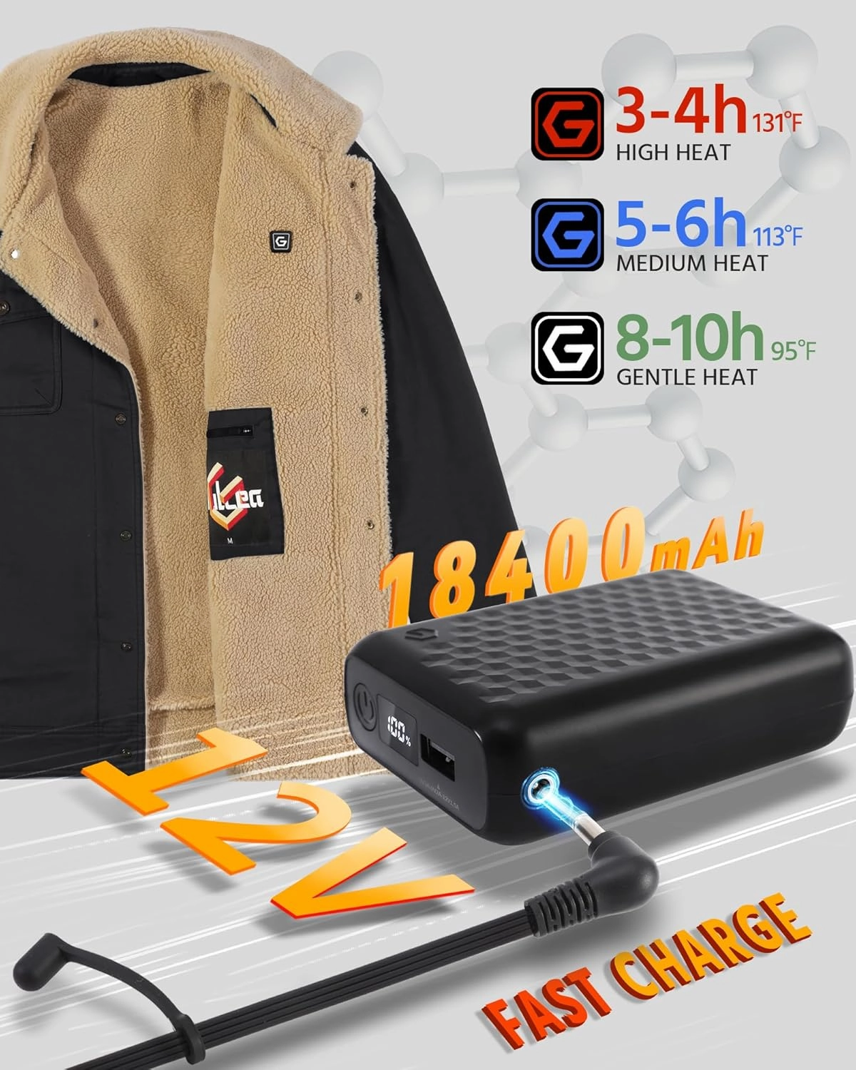 Wulcea Graphene Heated Jacket for Men 12V Fast Charge 18400mAh Large Capacity