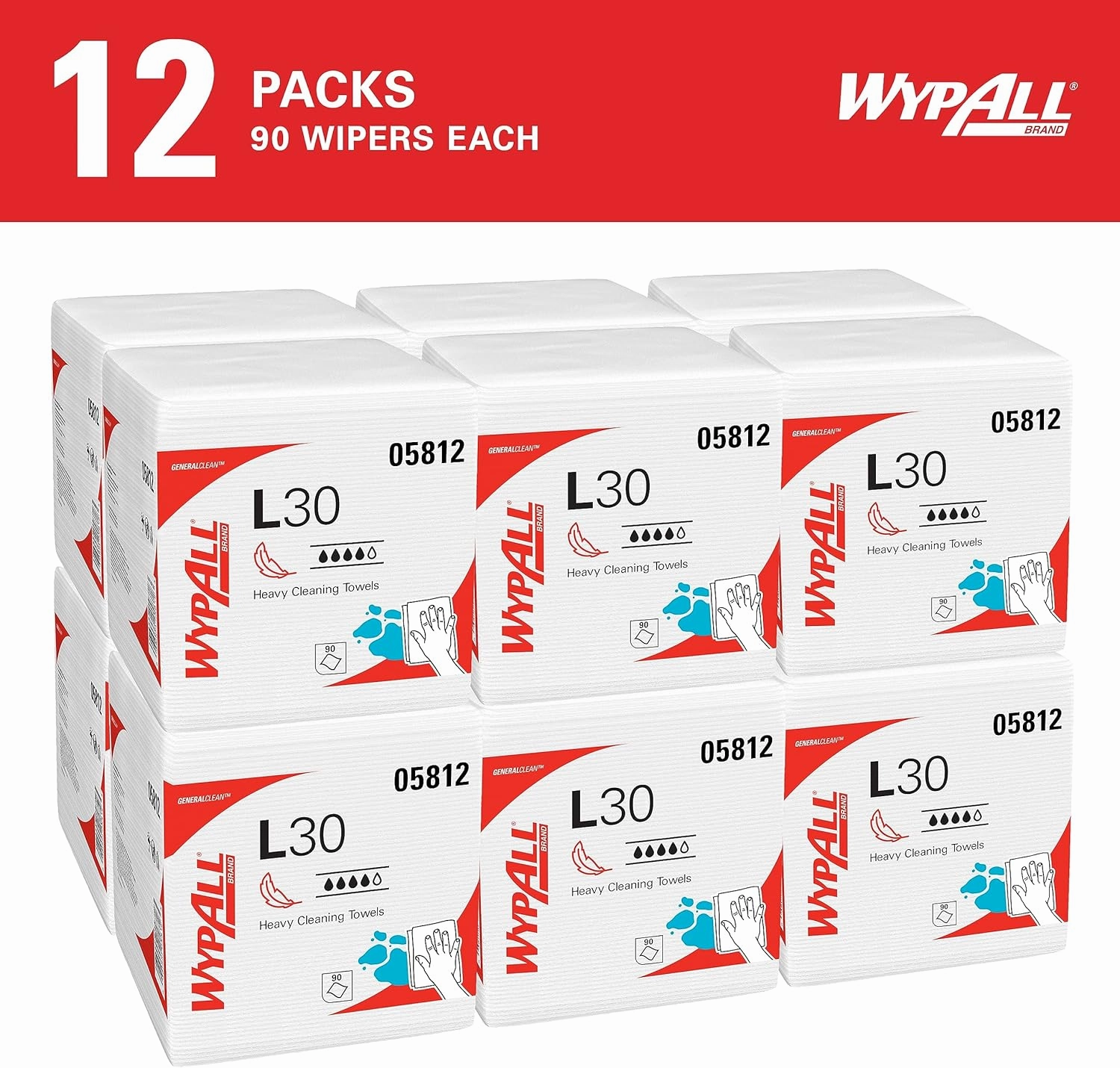 WypAll GeneralClean L30 Cloths Heavy Duty Cleaning Wipes (05812), Quarterfold, Strong and Soft Towels, White (12 Packs of 90 Sheets, 1,080 Sheet Total)