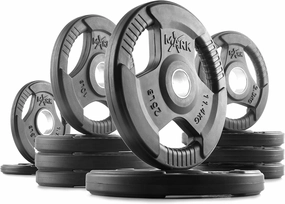 XMARK TRI-GRIP Pair or Set of Olympic Weight Plates, Rubber Coated Exercise Weights for Olympic Barbell, Strength Training Weight Set for Home Gym