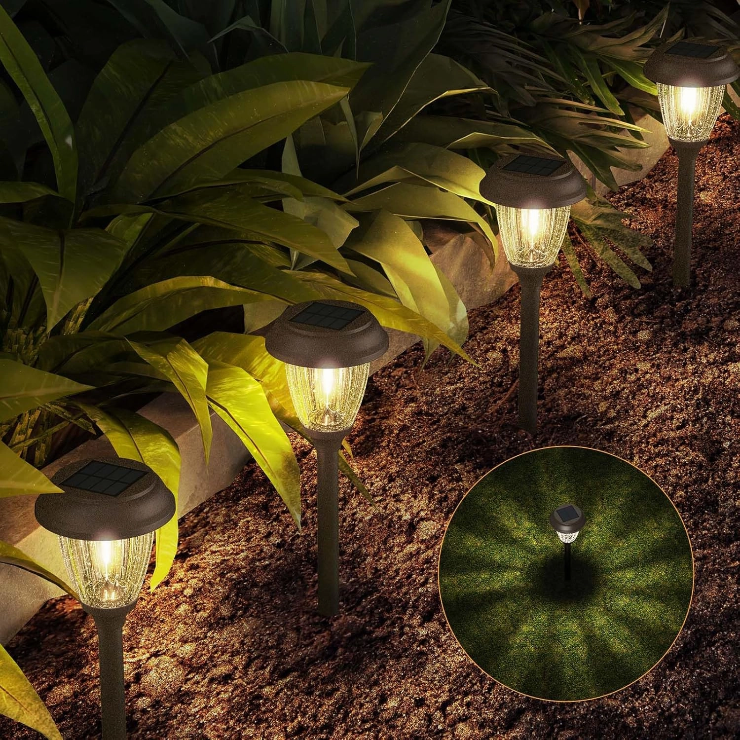 XMCOSY  Solar Lights Outdoor 10/25 LM LED with 2 Lighting Modes, Solar Garden Lights Glass and Metal, IP65 Waterproof Solar Powered for Yard Pathway Walkway Driveway Patio (6 Pack, Warm White)