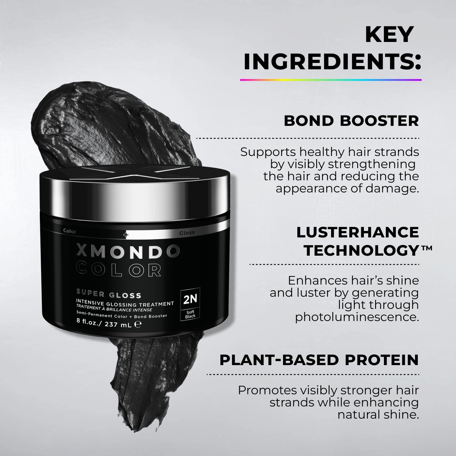 XMONDO Color Soft Black Color Depositing Mask & Semi-Permanent Hair Dye Super Gloss Infused with Bond Boosters for Nourishment, Revitalize & Repair, Vegan Formula, 8 Fl Oz