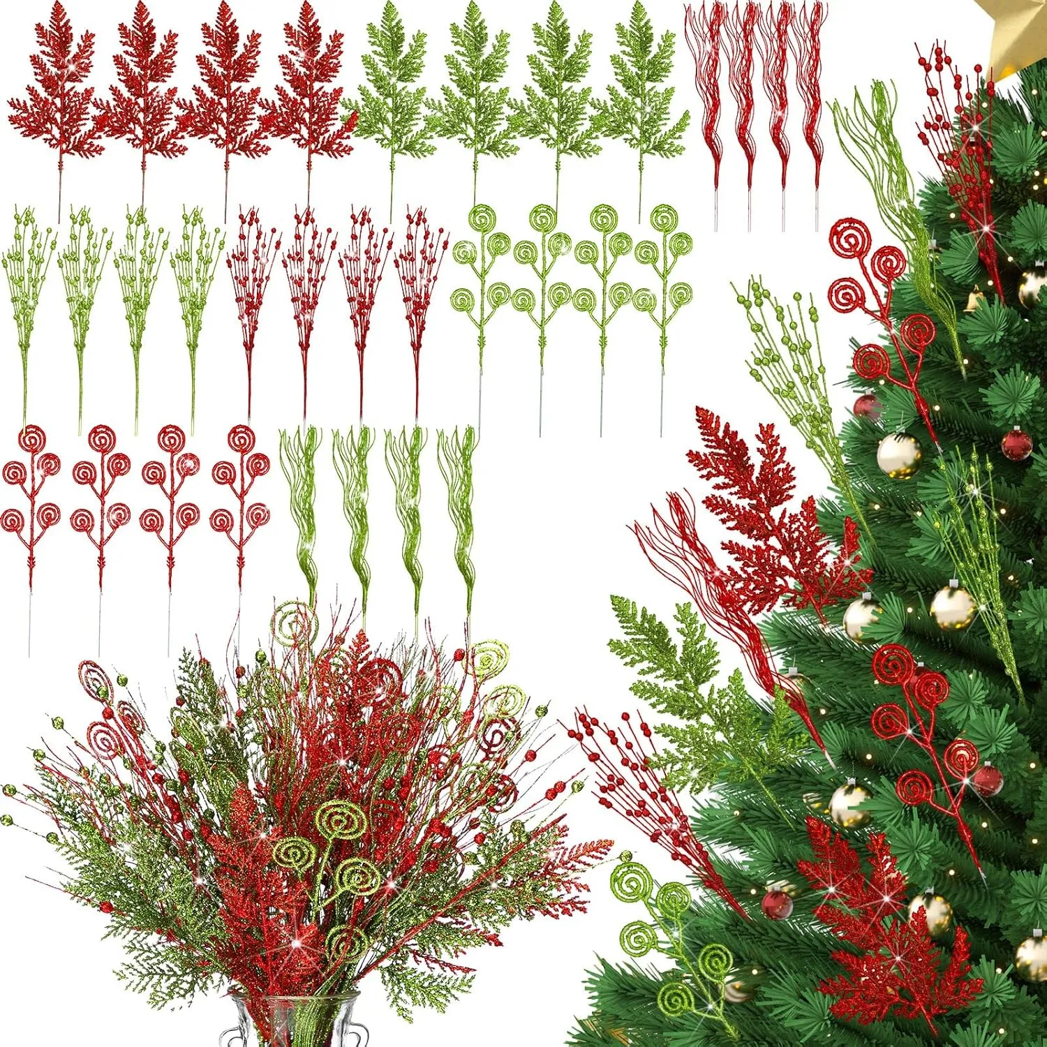 XunYee 32 Pcs Glitter Christmas Tree Artificial Picks Set Red Green Glitter Berry Stem Ornaments Pine Needles Curly Spray Picks Branches Candy Shape Twigs for Vase Fillers DIY Wreath Crafts