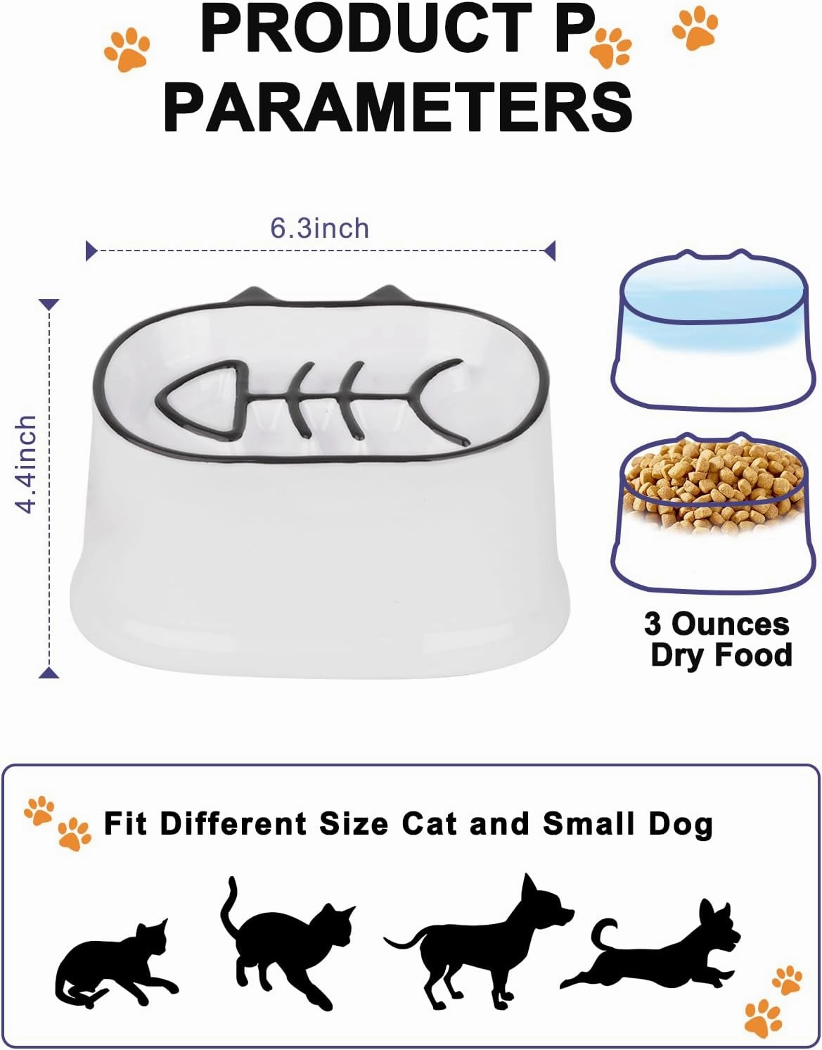 Y YHY Slow Feeder Cat Bowl, 7 Inches Elevated Cat Food Bowl Tilted Design, Dog Slow Feeder Bowl with no Black Chin, Fish Bone Slow Feeder for Dry and Wet Food, White