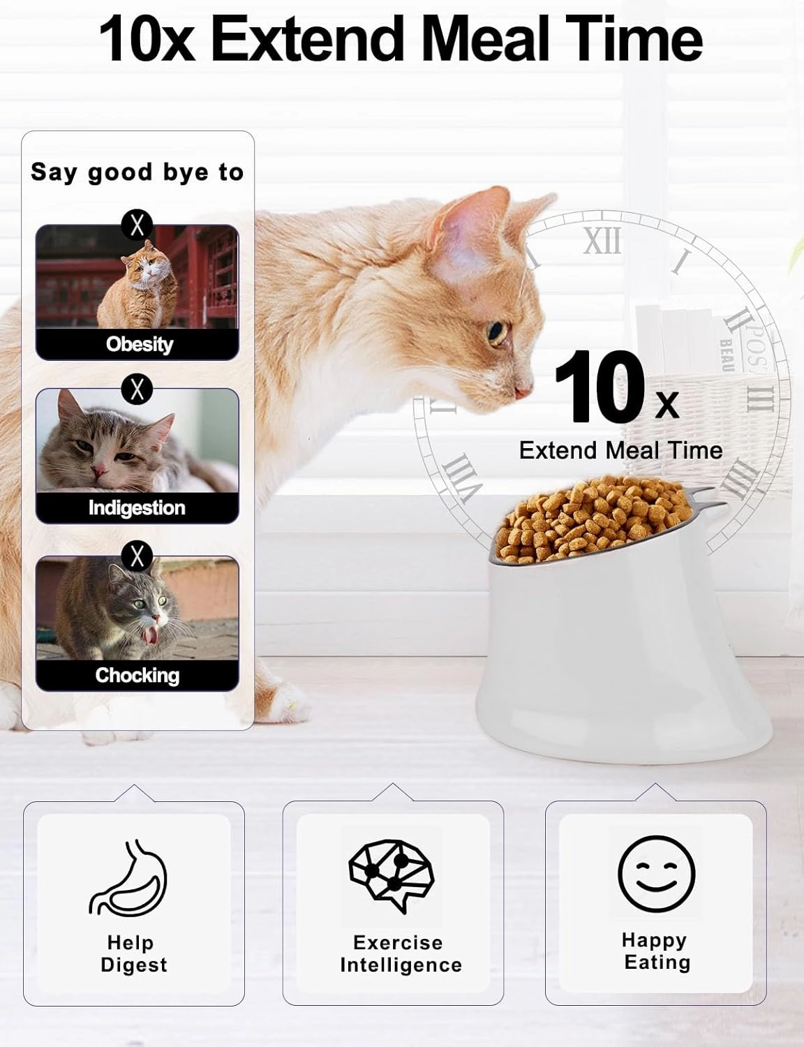 Y YHY Slow Feeder Cat Bowl, 7 Inches Elevated Cat Food Bowl Tilted Design, Dog Slow Feeder Bowl with no Black Chin, Fish Bone Slow Feeder for Dry and Wet Food, White