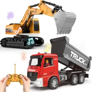 YAYYAY Remote Control Excavator and Dump Truck for Boys, 2 Pack Construction Truck Toy for Birthday Christmas Back School Season Present