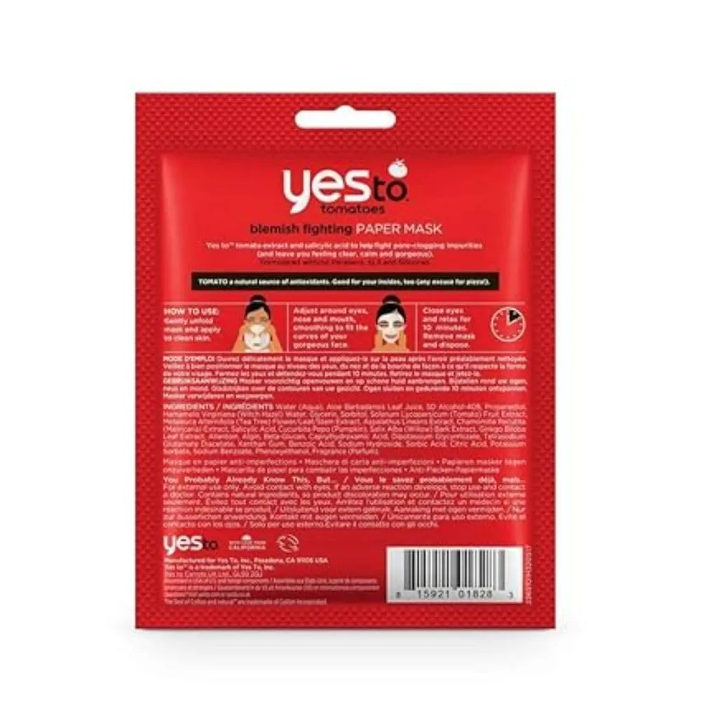 Yes To Tomatoes Acne Fighting Paper Mask, With Salicylic Acid To Help Control Pimples & Blackheads, 1 Count (Pack of 4)