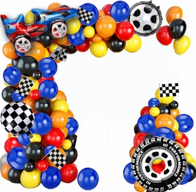 YNOU 121 Pcs Racing Balloons Arch Garland Kit Decorations, Race Car Foil Balloons, Checker Flag for Monster Truck Party, Finish Line, Nascar Party Supplies