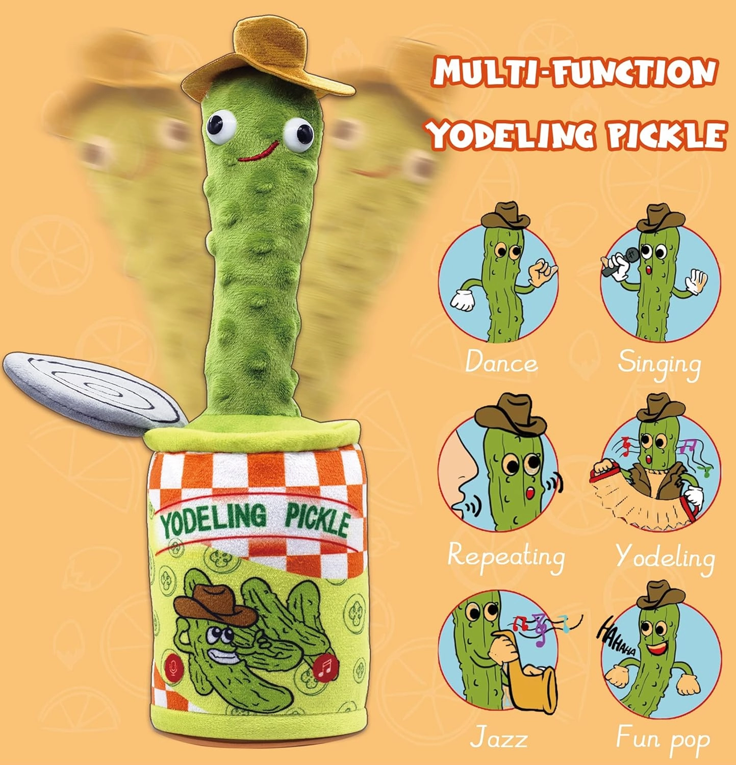 Yodeling Pickle, Talking Yodeling Toy Repeats What You Say, Singing Pickle Plush Toys - Rechargeable Twisted Mimicking Toy Singing Dance, Funny Prank Novelty Gag Gifts for Adults & Kids